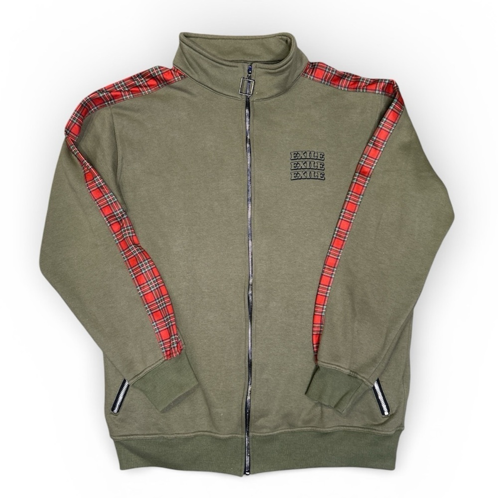 Exile Olive Green Zip-Up Jacket with Red Plaid Accents
